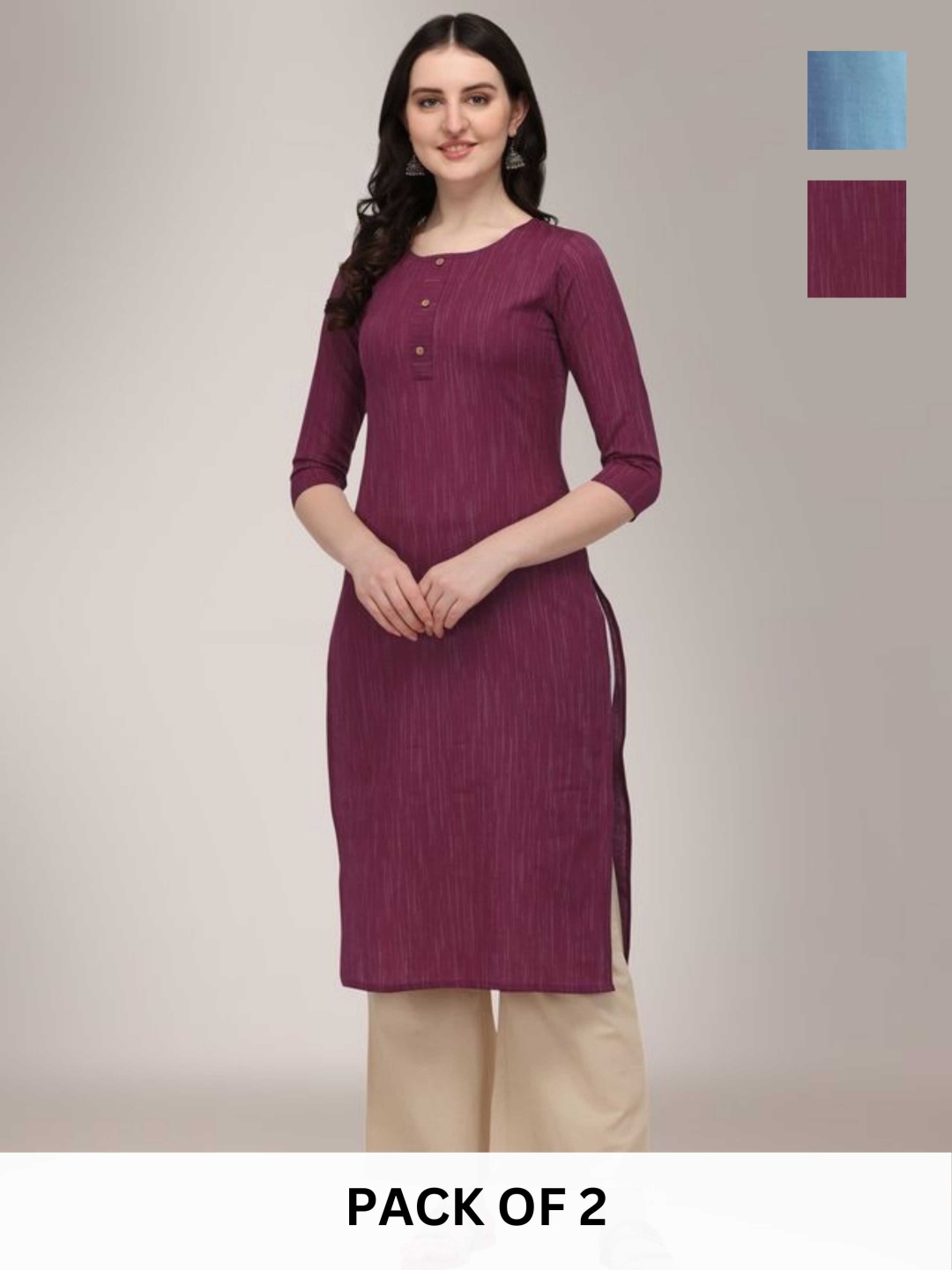 

KALINI Selection Of 2 Woven Design Round Neck Straight Kurtas, Maroon