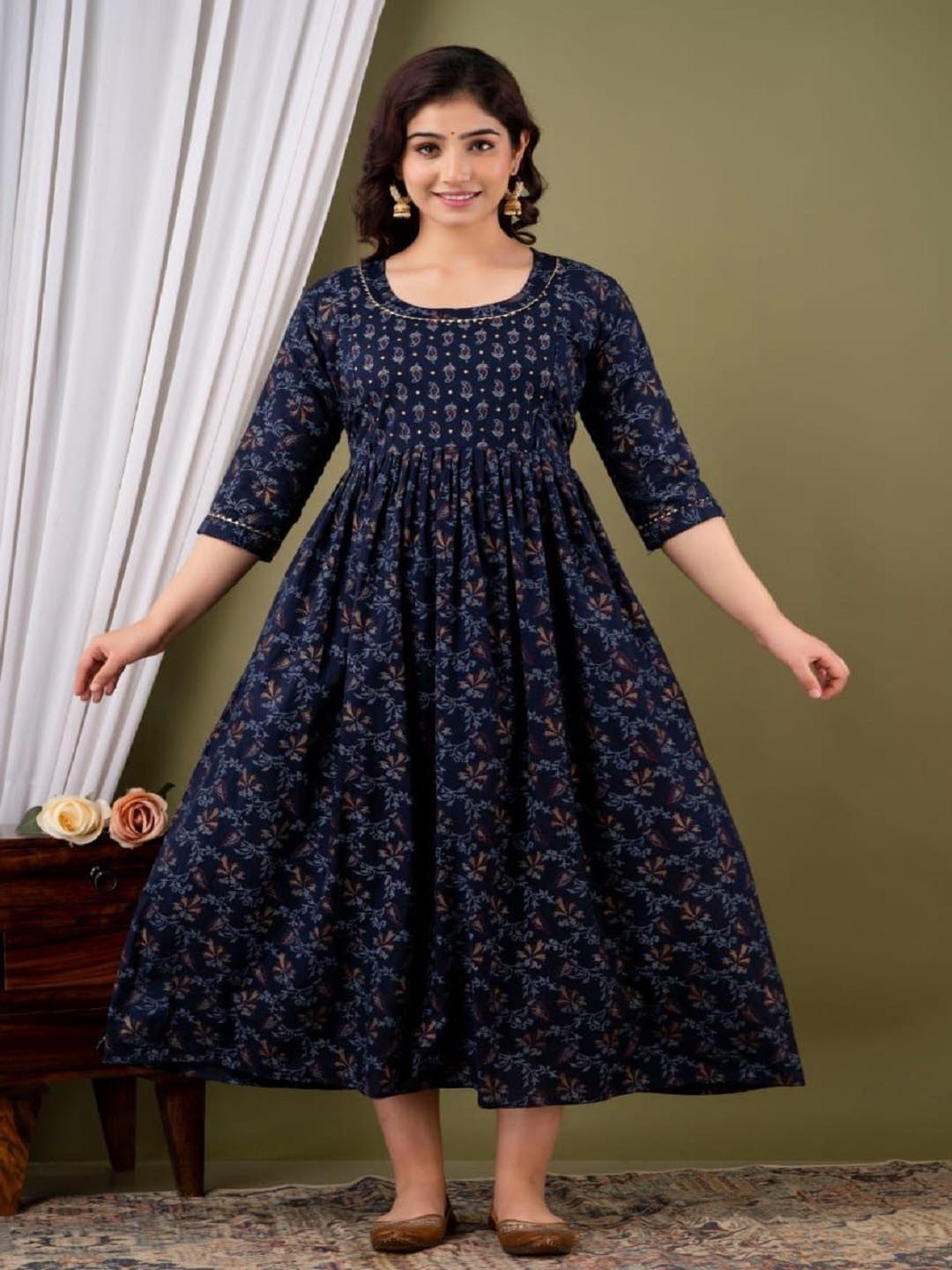 

Nevisha Style Women Floral Printed Thread Work Floral Maternity Anarkali Kurta, Blue