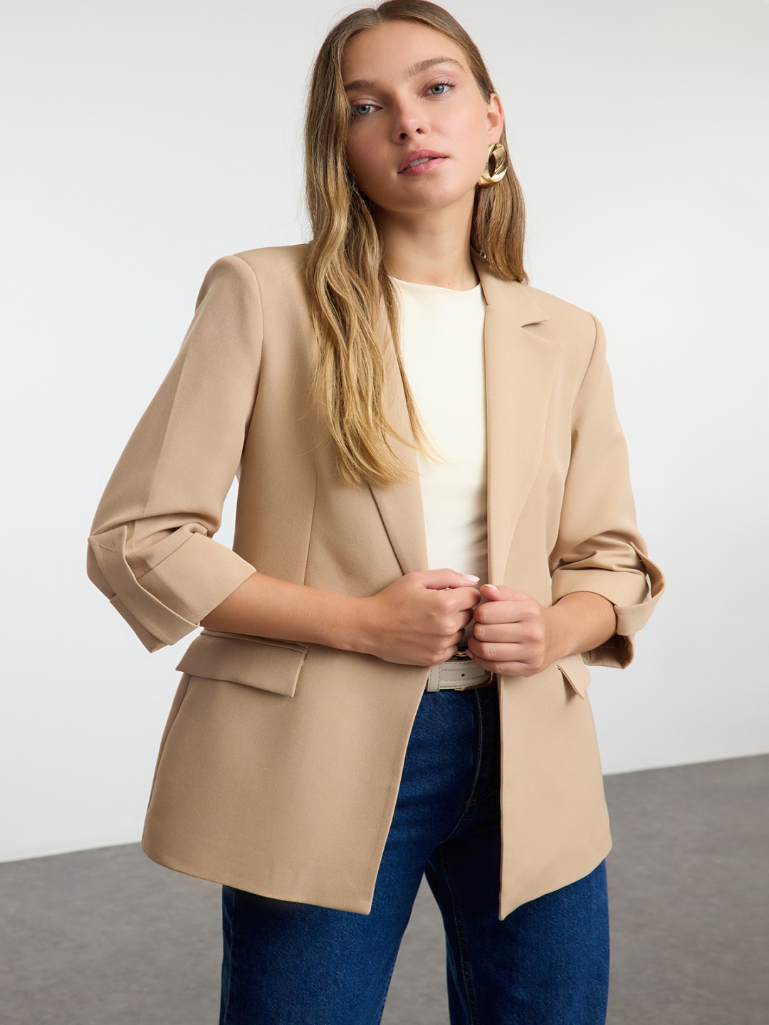 

Trendyol Women Lapel Collar Solid Casual Tailored Jacket, Beige