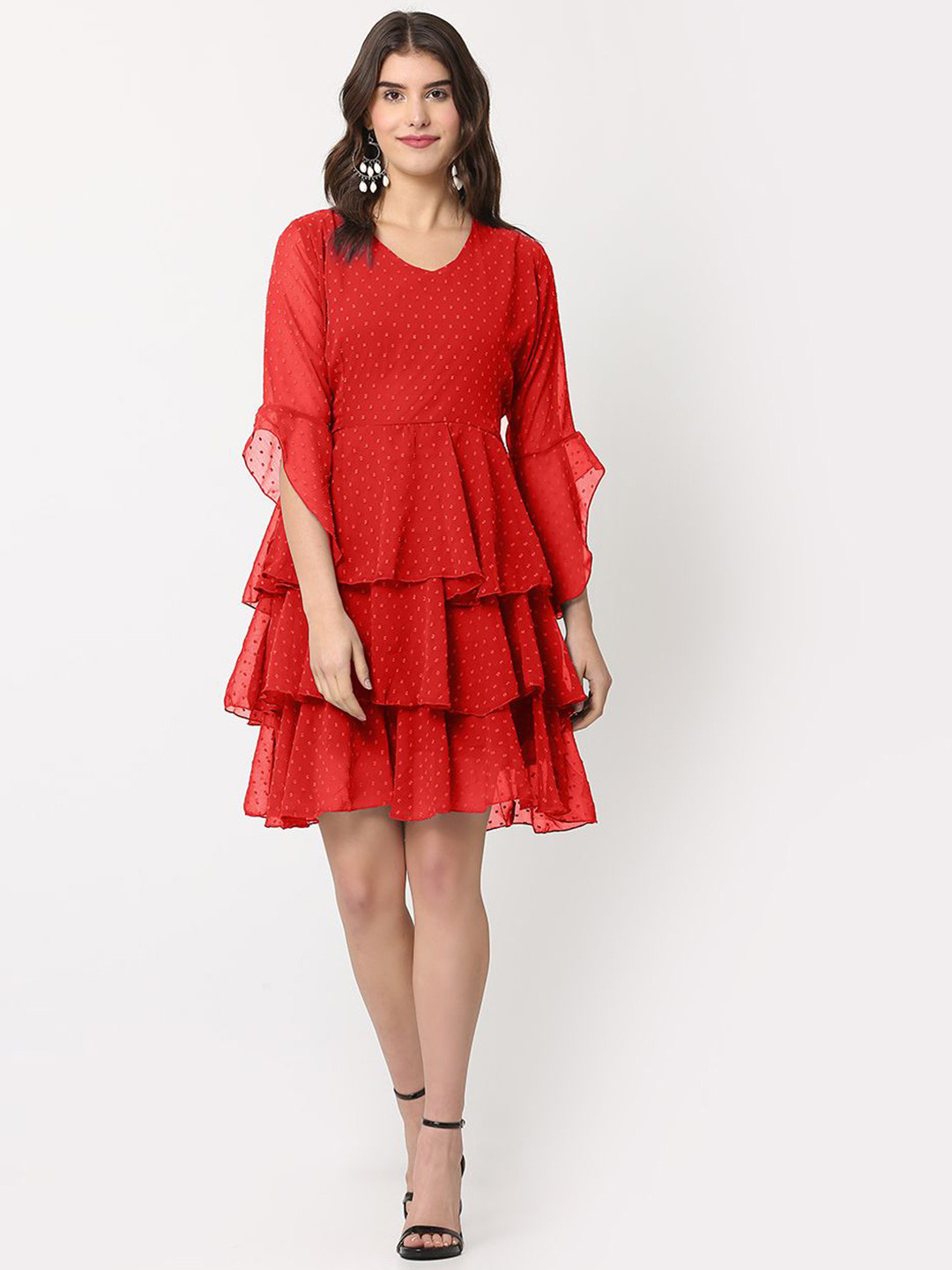

FLOREOS Women Bell Sleeve Ruffled Georgette Fit & Flare Dress, Red