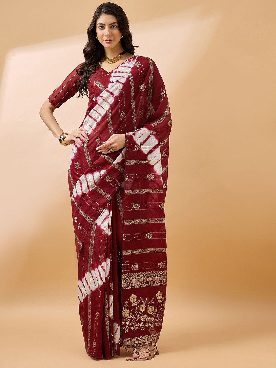 

Mitera Tie and Dye Zari Bandhani Saree, Maroon