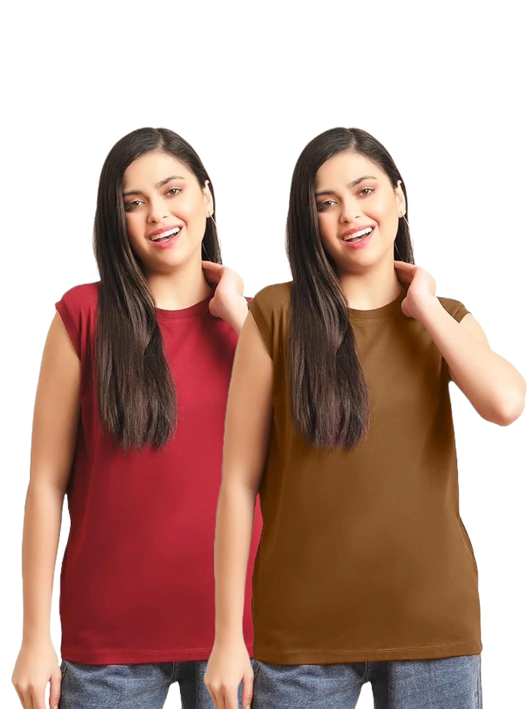 

NOTWILD Women Pack Of 2 Solid Round Neck Cotton Oversized T-shirts, Maroon