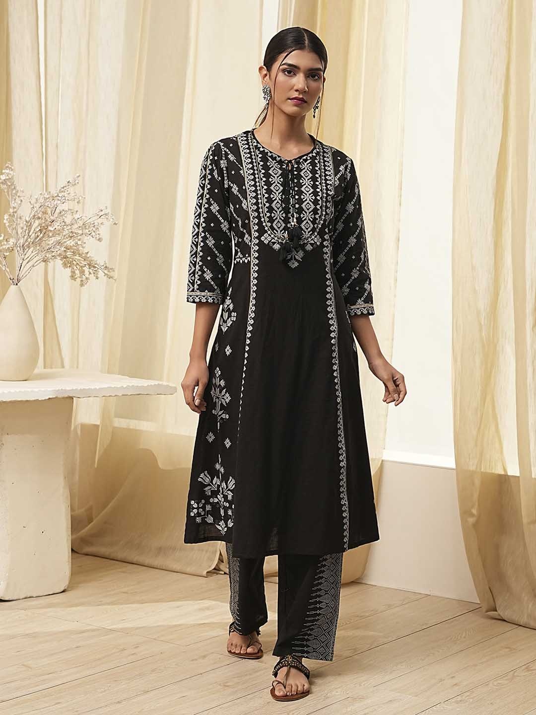 

Biba Women Floral Embroidered Regular Thread Work Pure Cotton Kurta with Palazzos, Black