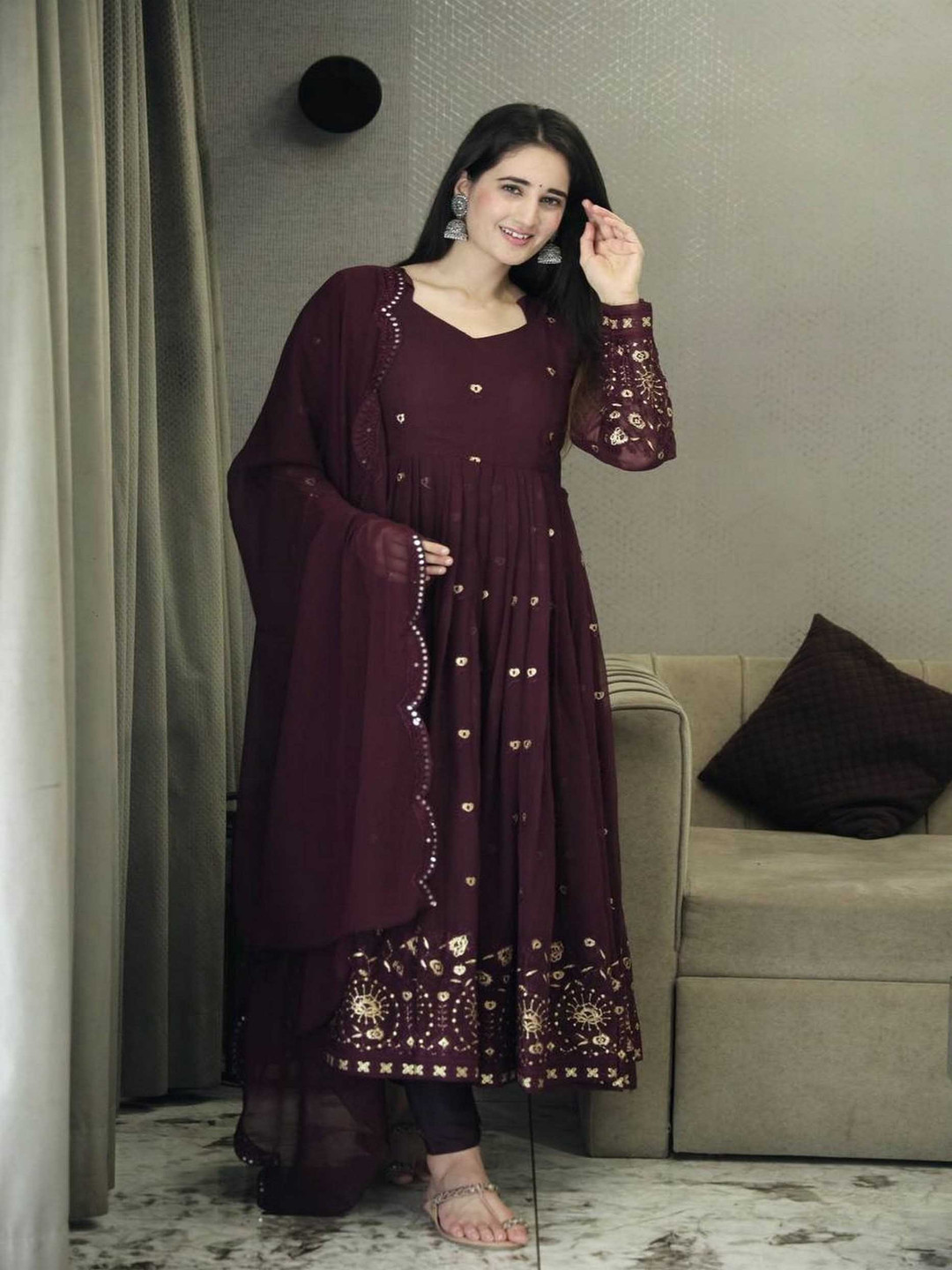 

ZEEPKART Women Floral Regular Silk Georgette Kurta with Trousers & With Dupatta, Violet