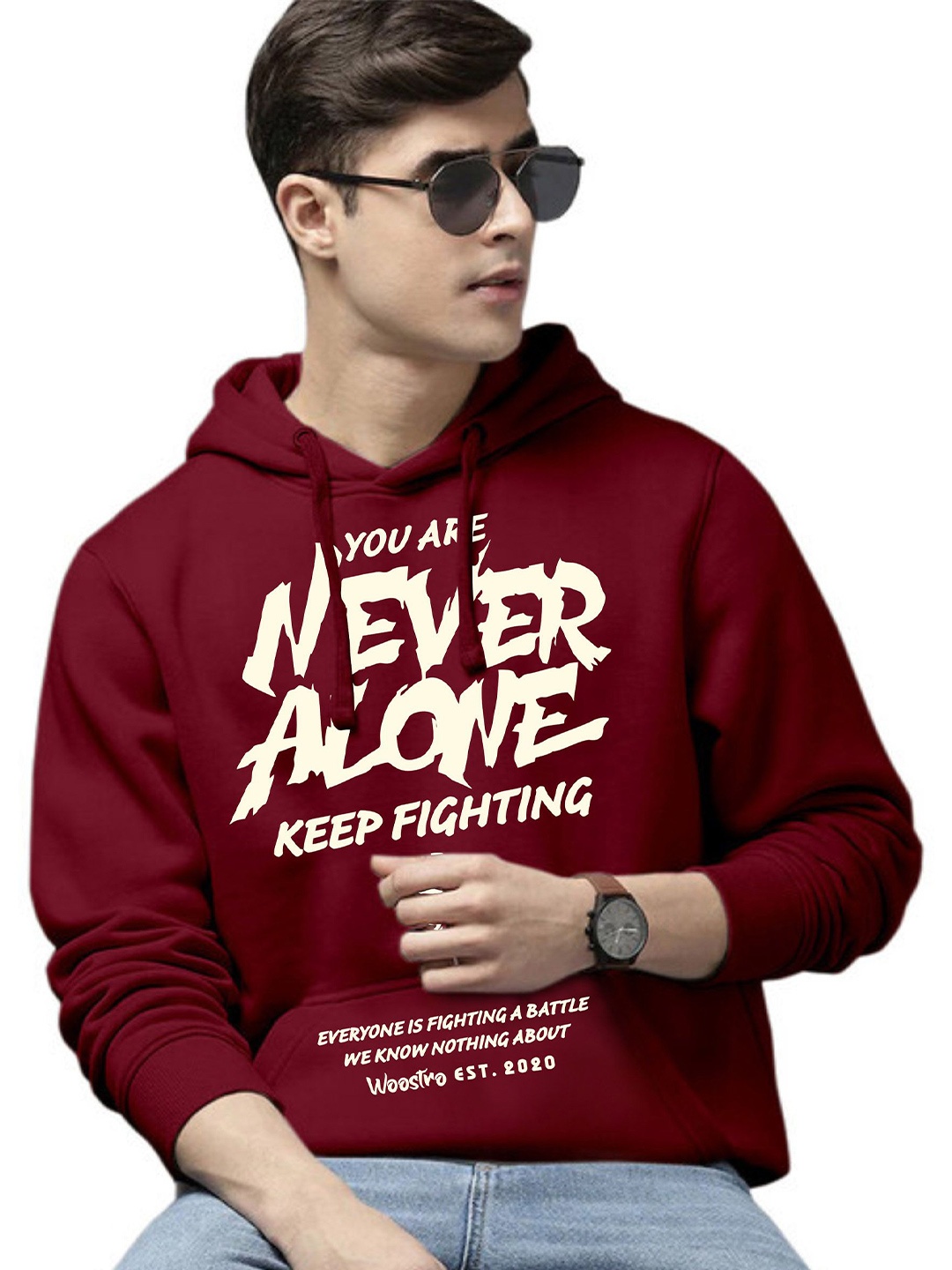 

WOOSTRO Men Printed Hooded Pullover Sweatshirt, Maroon