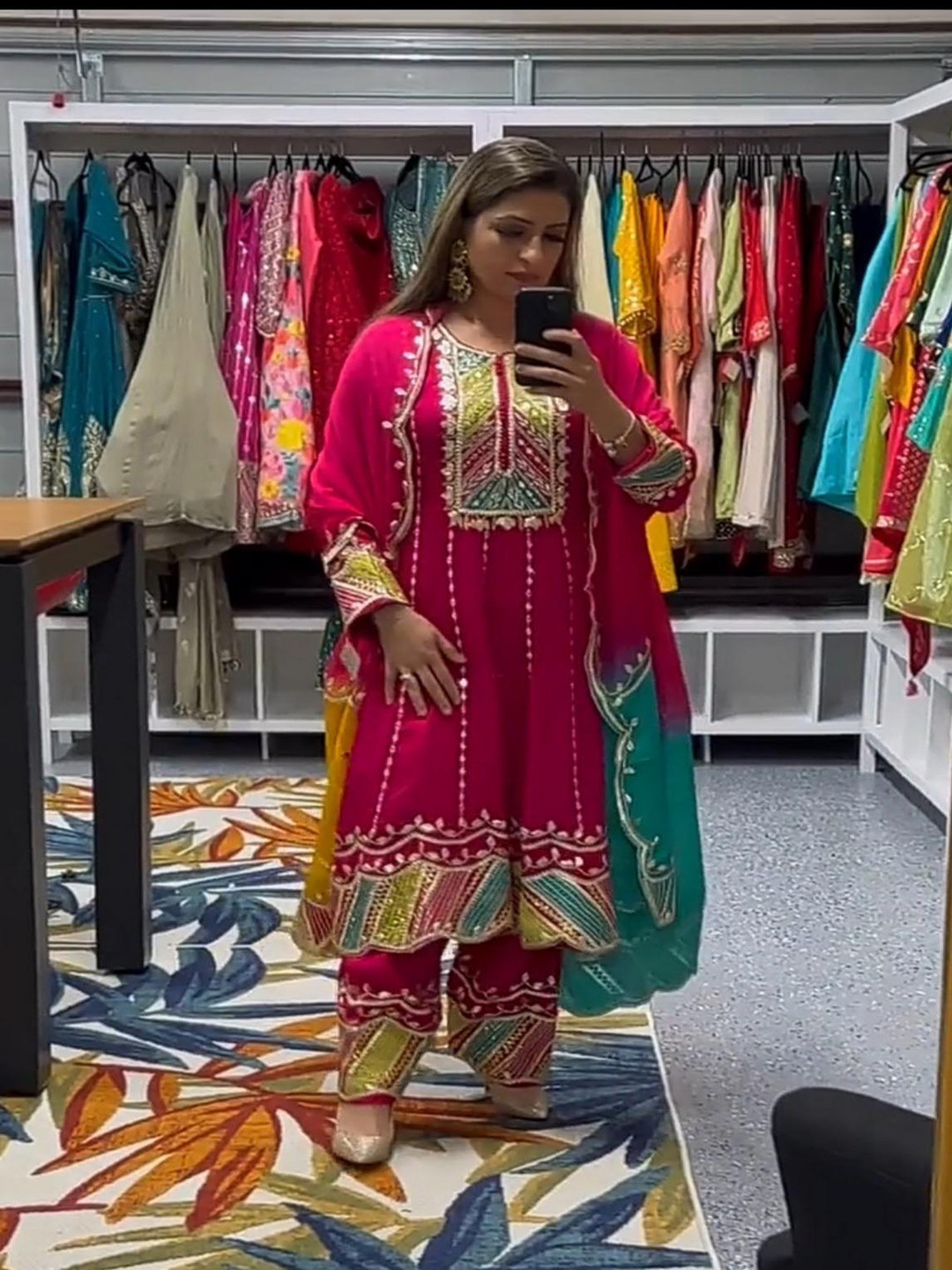 

mimi design Women Embroidered Regular Kurta with Dhoti Pants & With Dupatta, Pink
