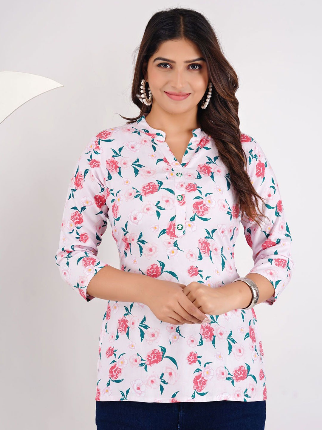 

L.H HANDICRAFTS Women Floral Printed Mandarin Collar Top, White