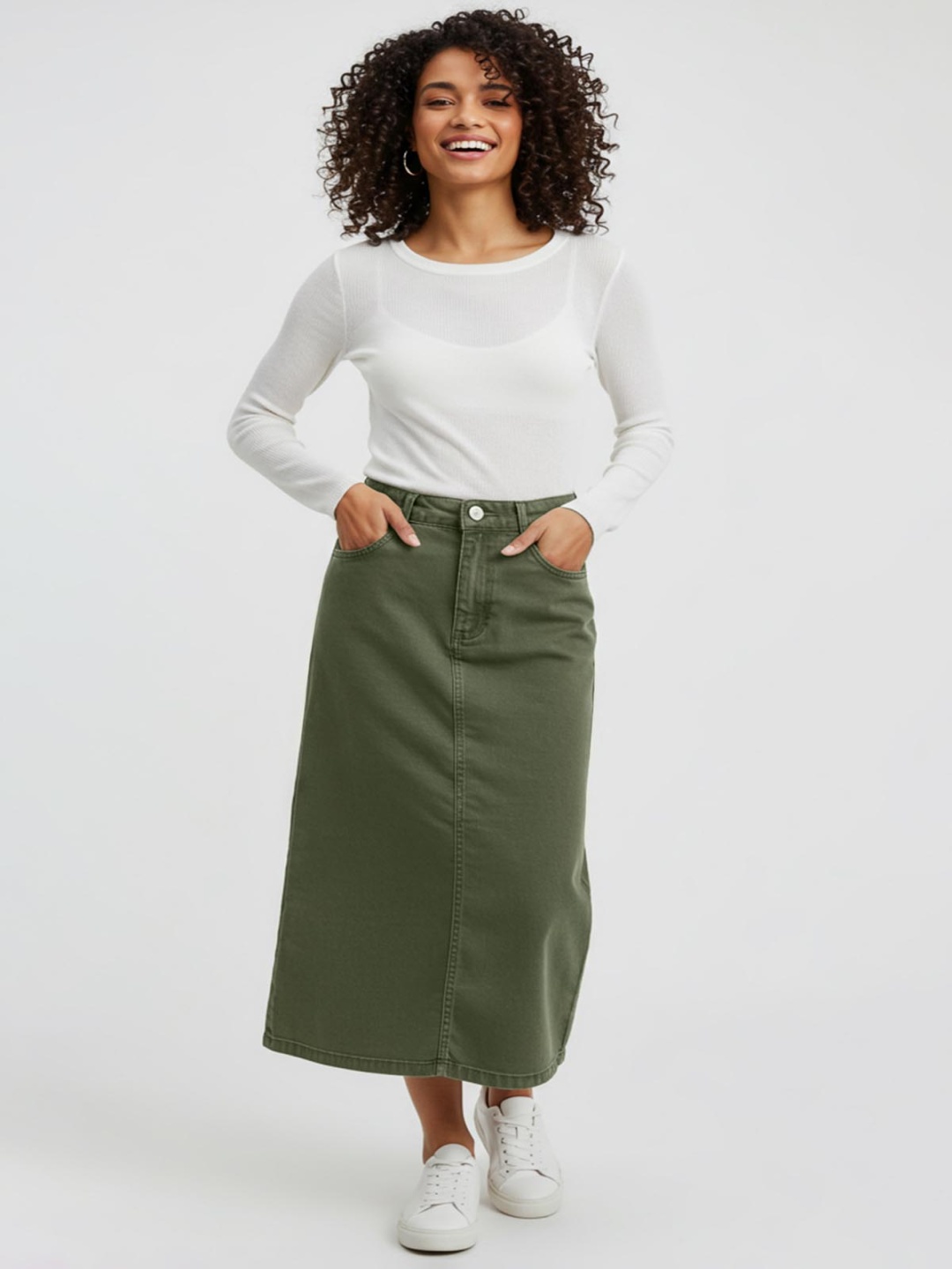

Trendyol Women Pure Cotton A-Line Midi Skirt, Green