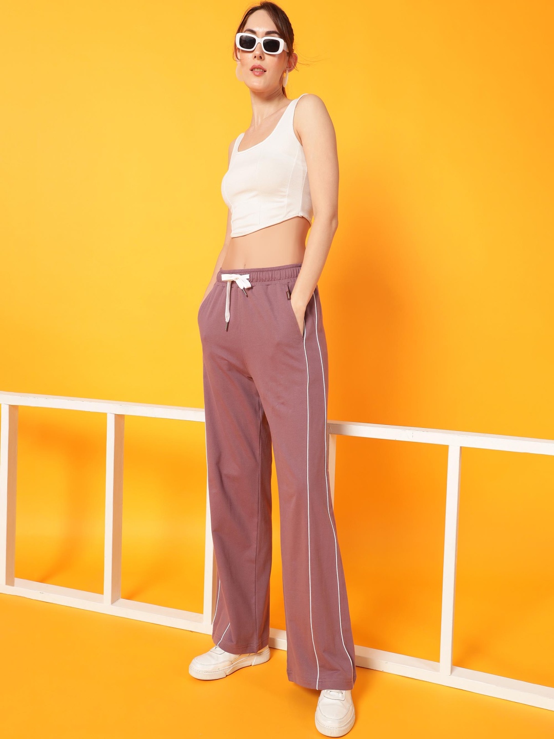 

PockMAN Women Pure Cotton Wide Leg Comfort Track Pant, Mauve