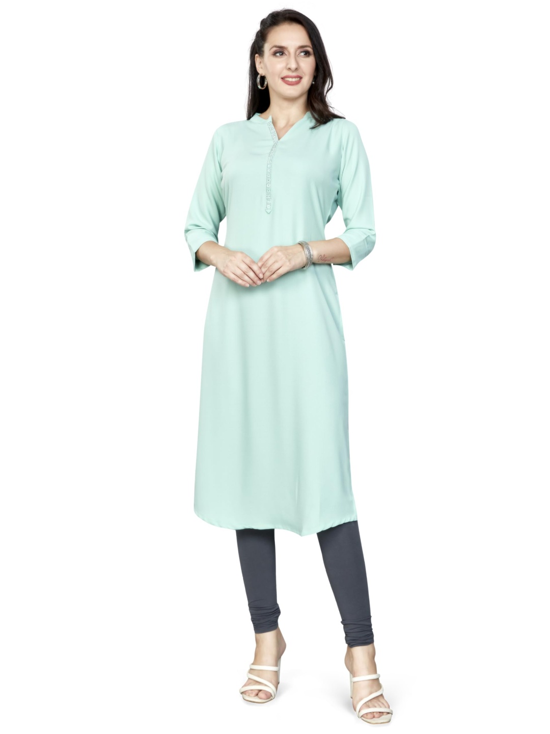 

Nioni Swarovski Mandarin Collar Dobby Straight Kurta, Turquoise blue