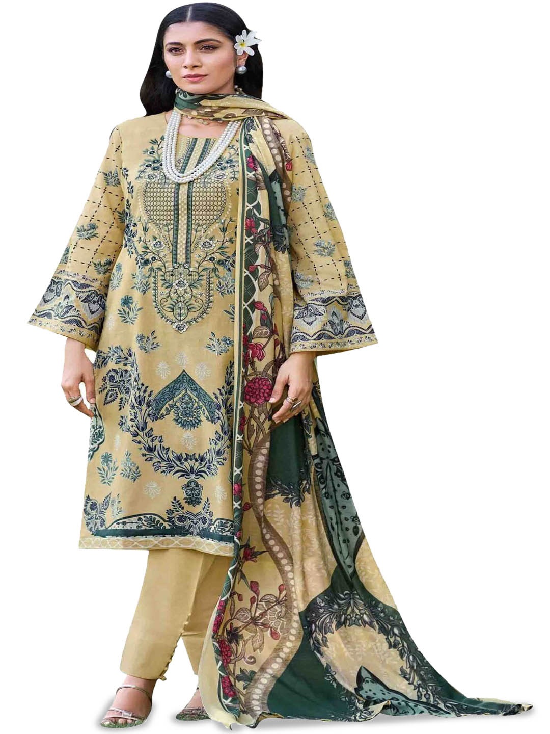 

DRAVINAM Trends Embroidered Pure Cotton Unstitched Dress Material, Beige