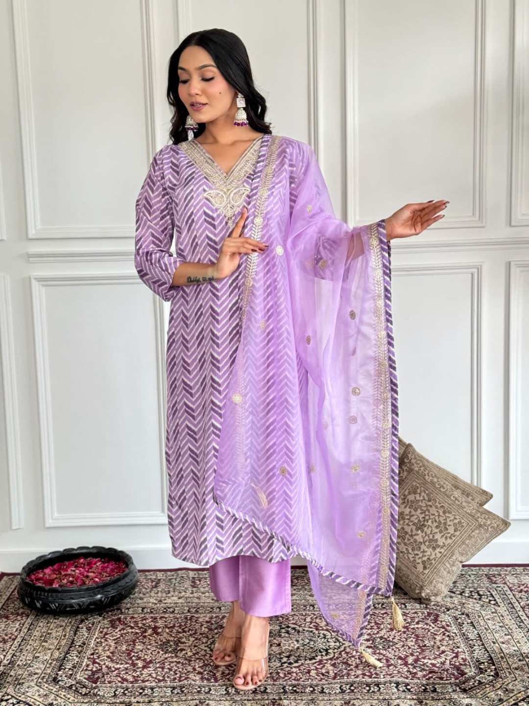 

PAYAL CREATION Chevron Embroidered Sequinned Straight Kurta with Palazzos & Dupatta, Purple