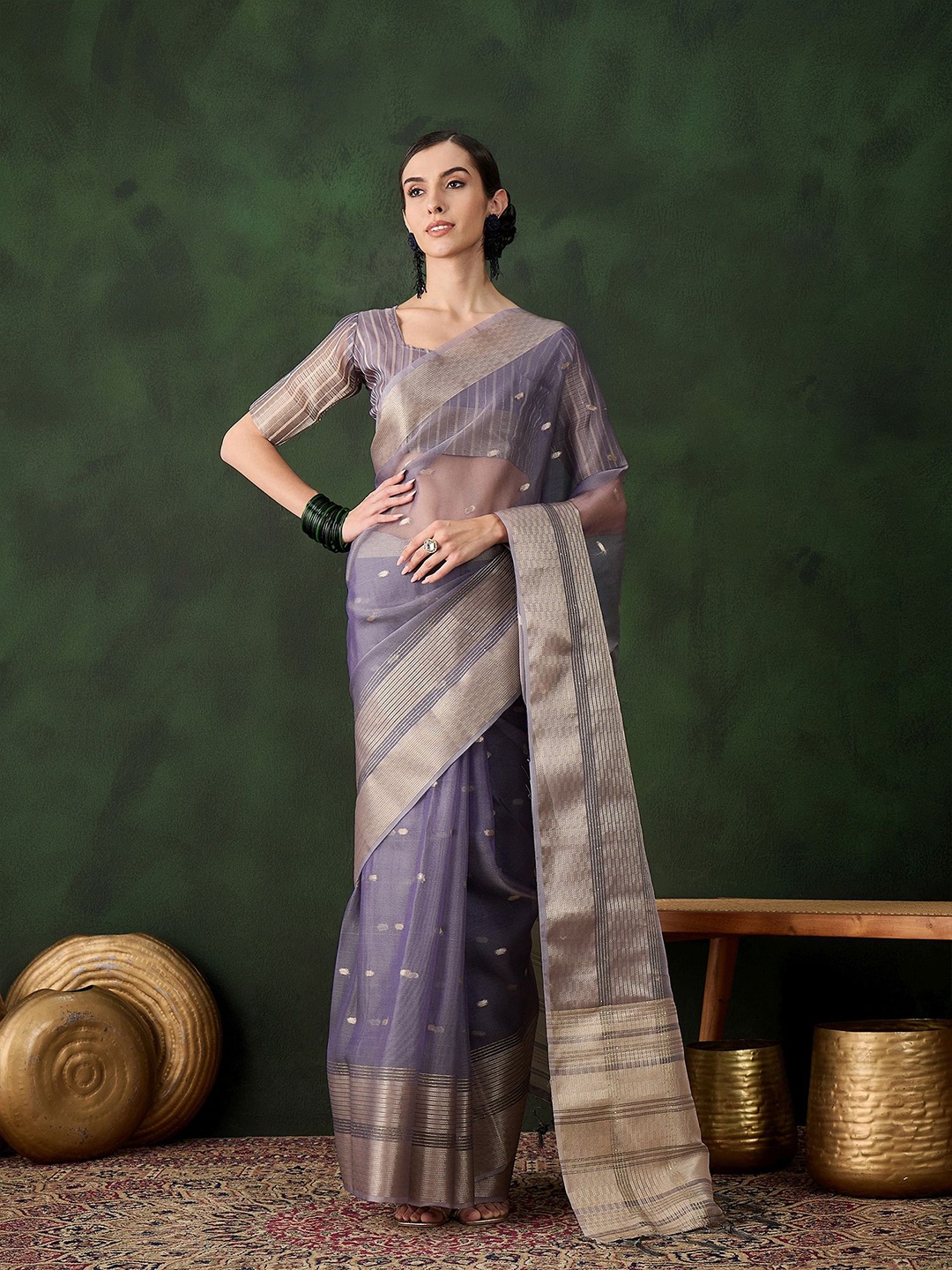 

Mitera Woven Design Zari Organza Kanjeevaram Saree, Lavender