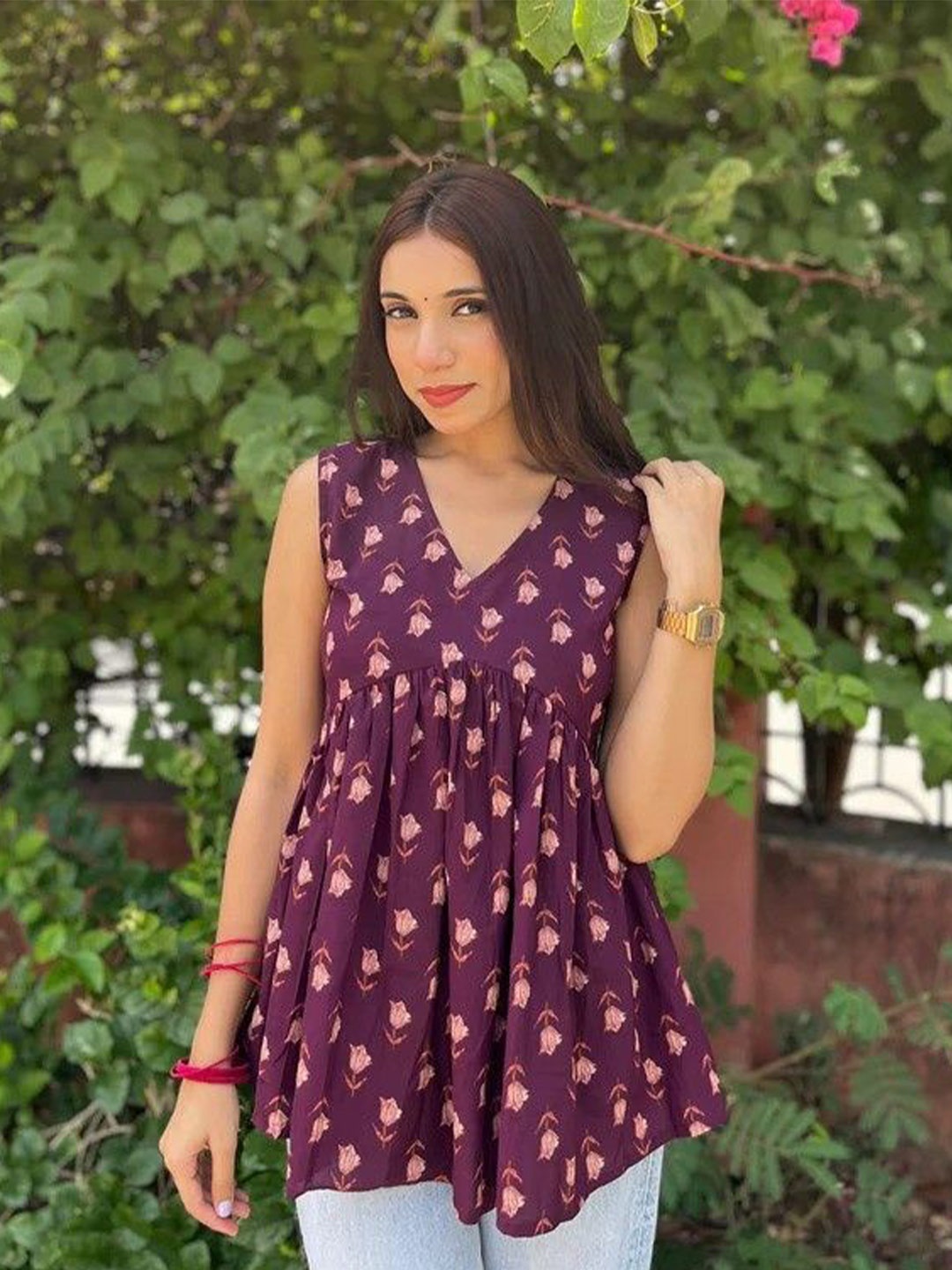 

JONAYA Print Cotton Top, Maroon