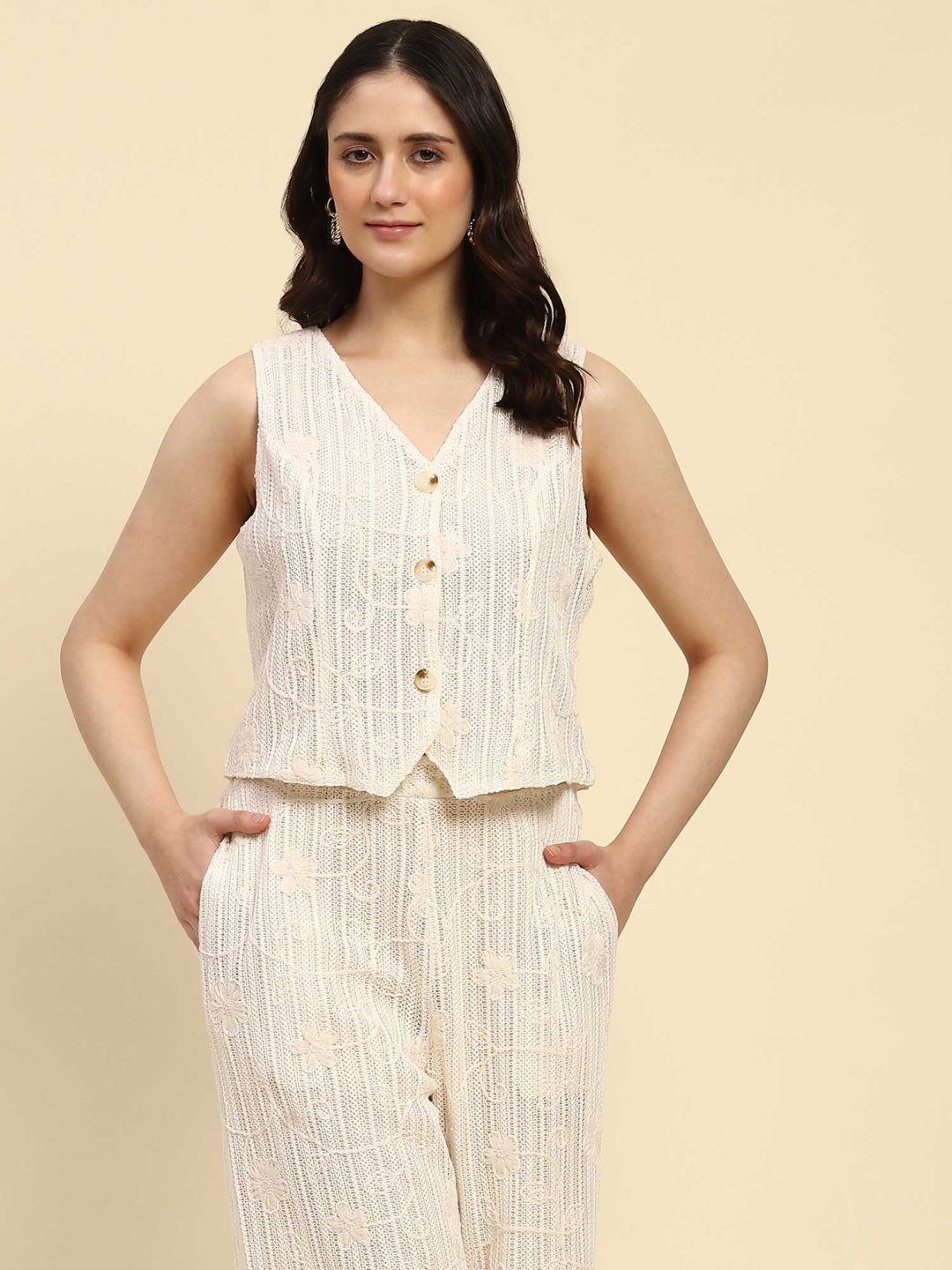 

Global Republic Floral Embroidered Waistcoat, Beige
