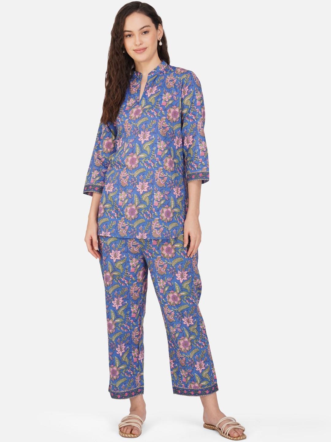 

KAHVA Printed Pure Cotton Tunic With Trousers Co-Ords, Blue