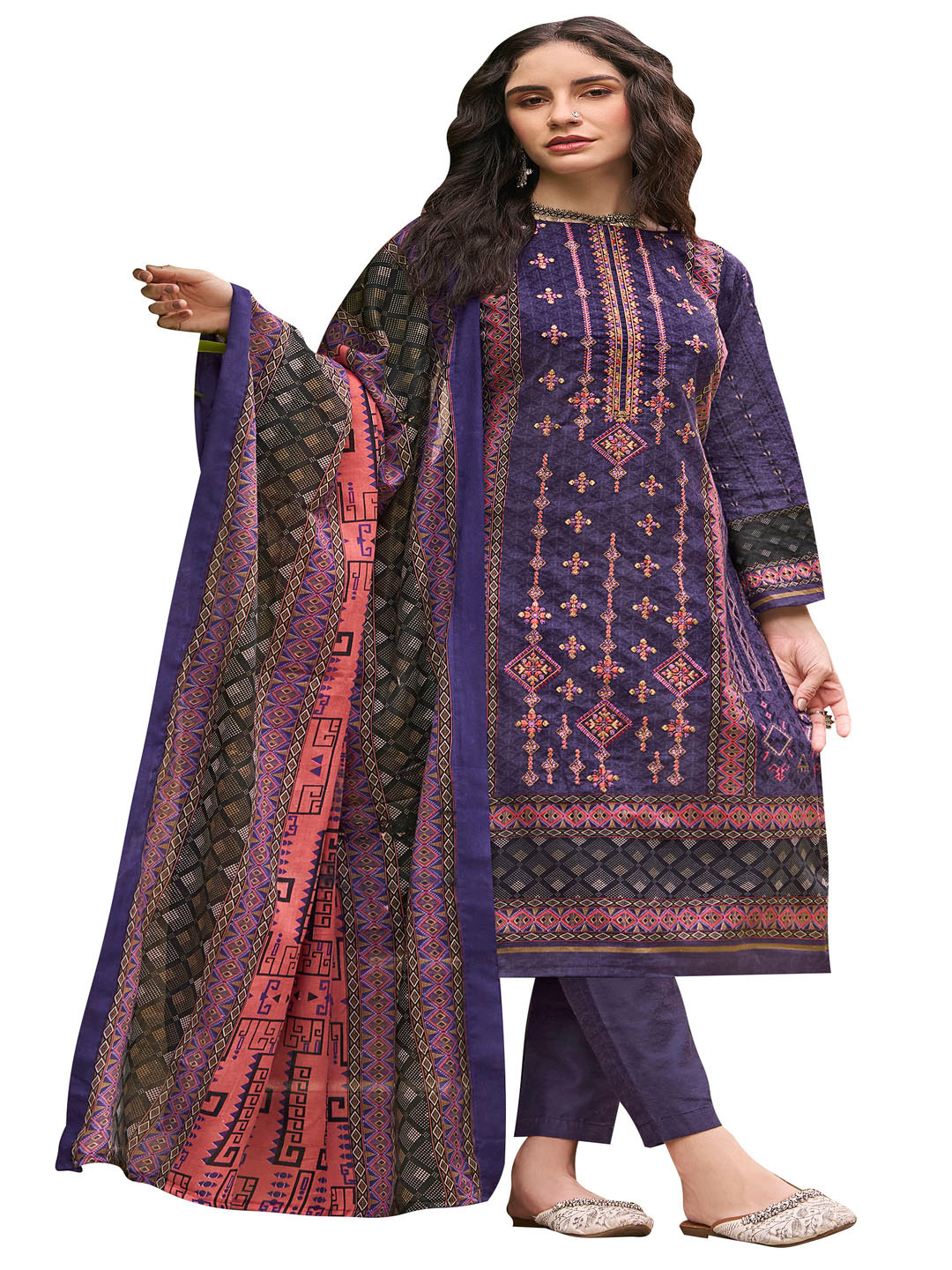 

DRAVINAM Trends Ethnic Motifs Embroidered Pure Cotton Unstitched Dress Material, Violet