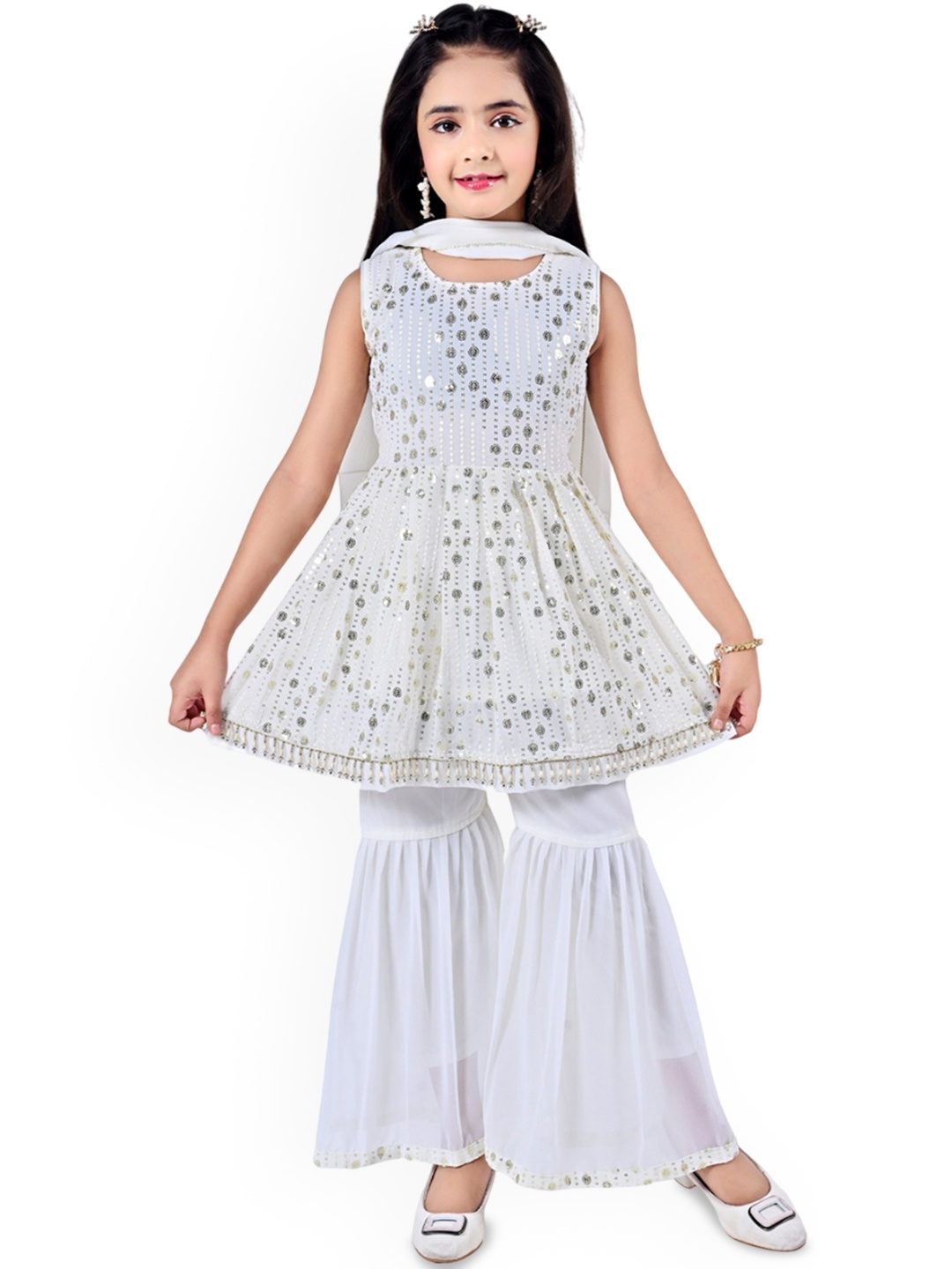 

Arshia Fashions Girls Embroidered Regular Sequinned Kurti with Sharara & With Dupatta, White