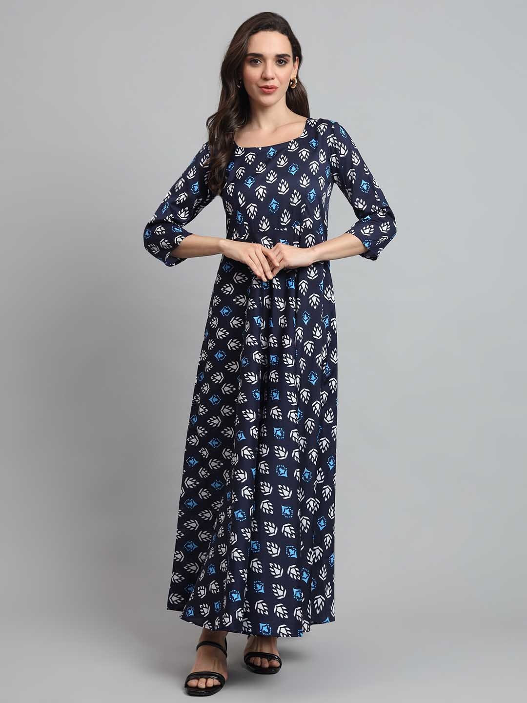 

DHAKRE FASHION Women Geometric Printed Satin Anarkali Kurta, Navy blue
