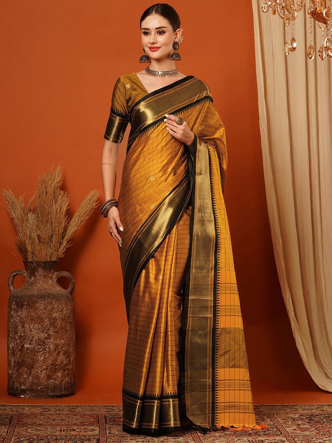 

VILLAGIUS Woven Design Zari Pure Silk Banarasi Saree, Mustard