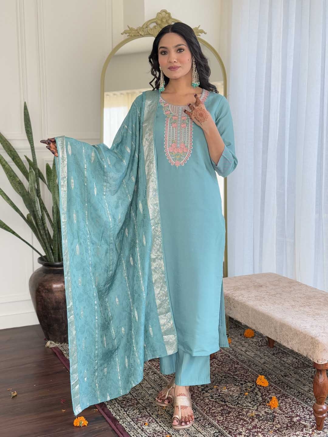 

KALINI Floral Yoke Design Thread Work Chanderi Silk Kurta With Trousers And Dupatta, Turquoise blue