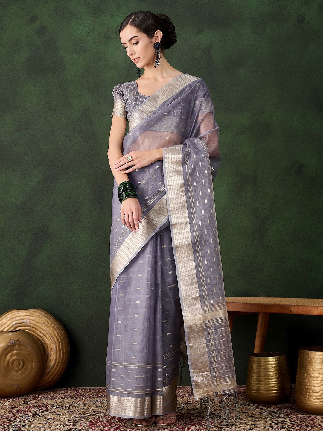 

Mitera Woven Design Zari Organza Handloom Kanjeevaram Saree, Grey