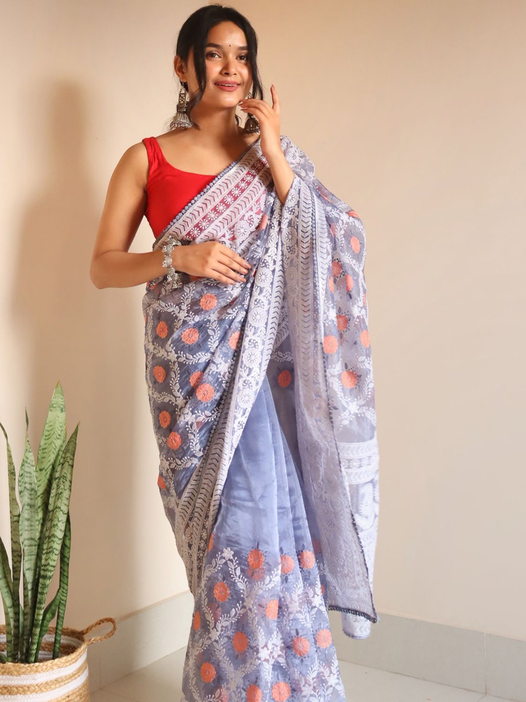 

Organza Mall Floral Embroidered Heavy Work Saree, Blue