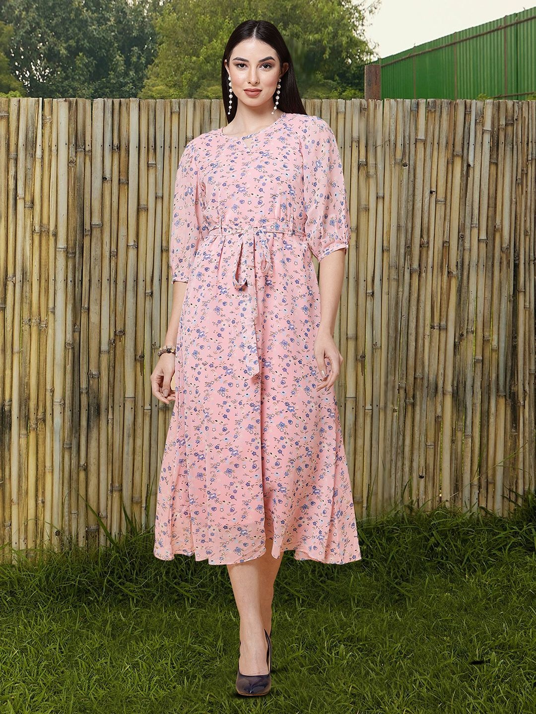 

MISS AYSE Floral Print Applique Fit & Flare Dress, Pink