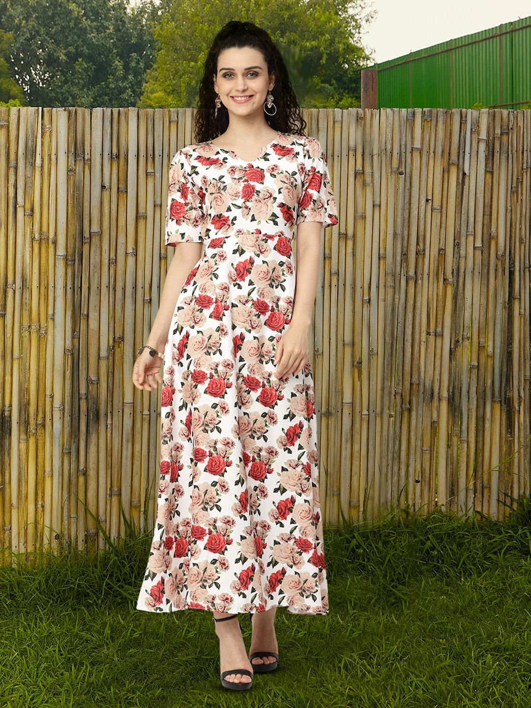 

MISS AYSE Women Floral Printed Cotton Fit & Flare Dress, White