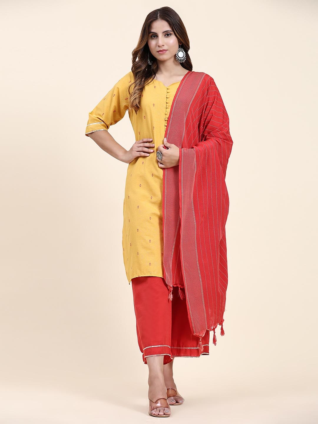 

Anushil Women Ethnic Motifs Embroidered Regular Gotta Patti Kurta with Palazzos & With Dupatta, Yellow