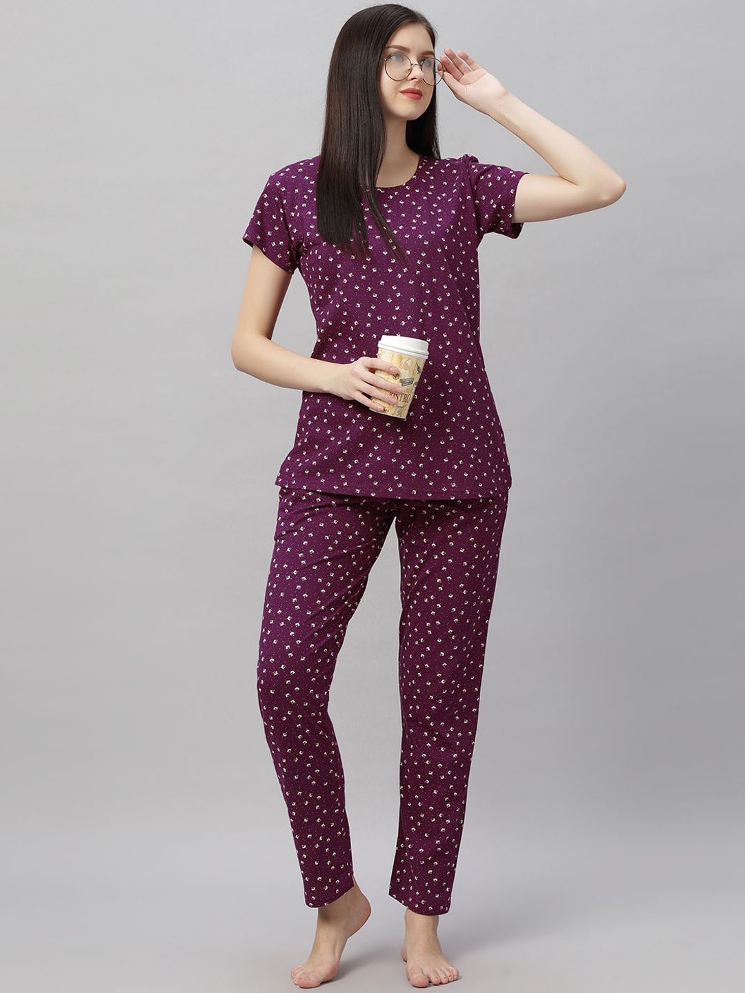 

DZZO Women Pure Cotton Floral Printed Night suit, Purple