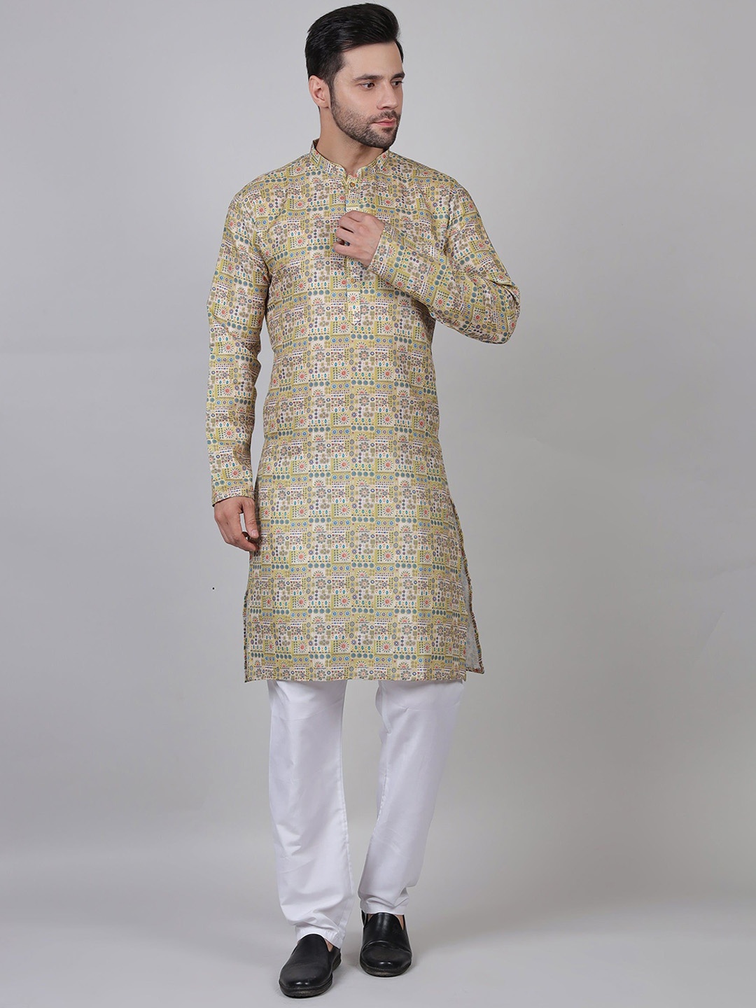 

John Philips Woven Design Band Collar Straight Kurta, Yellow