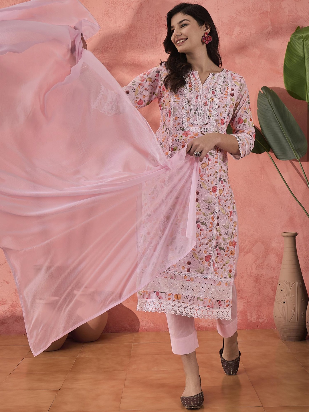 

Sangria Pink Floral Printed Notch Neck Pure Cotton Kurta With Trousers And Dupatta