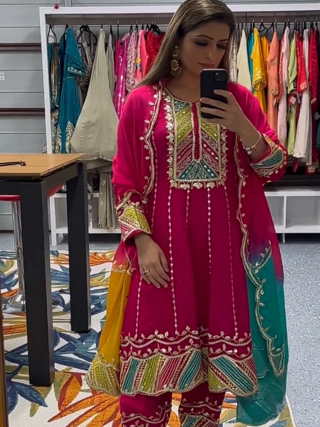 

ZEEPKART Women Ethnic Motifs Regular Mirror Work Kurti with Dhoti Pants & With Dupatta, Pink
