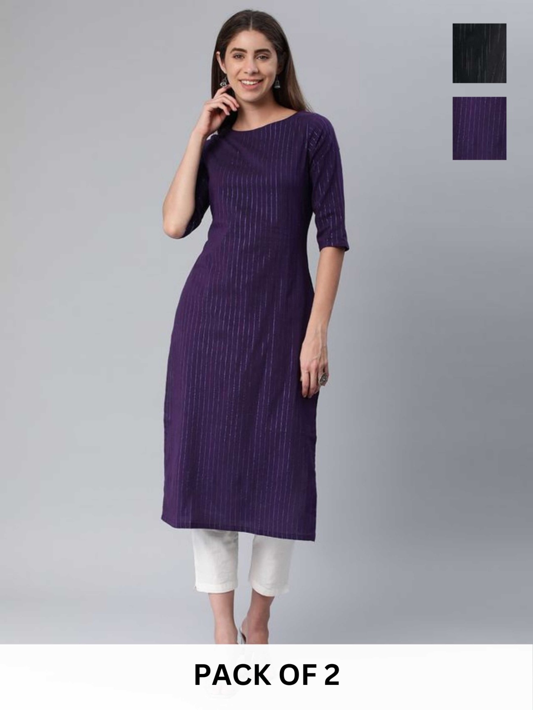 

KALINI Selection Of 2 Striped Round Neck Straight Kurtas, Violet