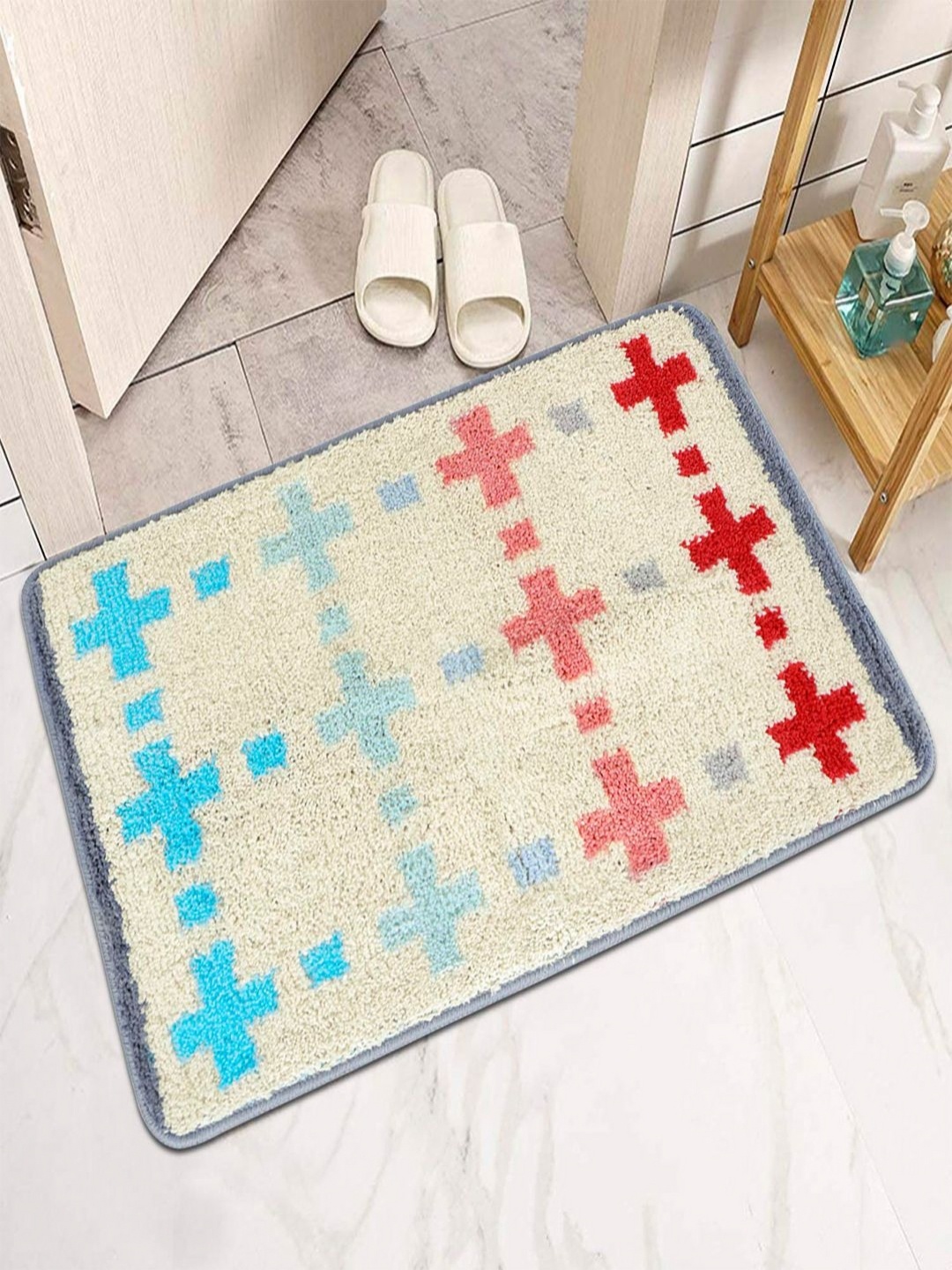 

HOKIPO Off White & Blue Microfibre 2800 GSM Bath Rugs