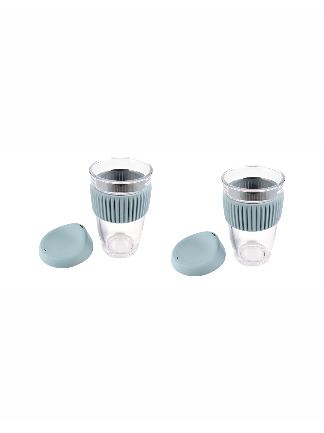 

We3 Blue & Transparent 2 Pieces Textured Glass Glossy Cups with Lids- 500ML