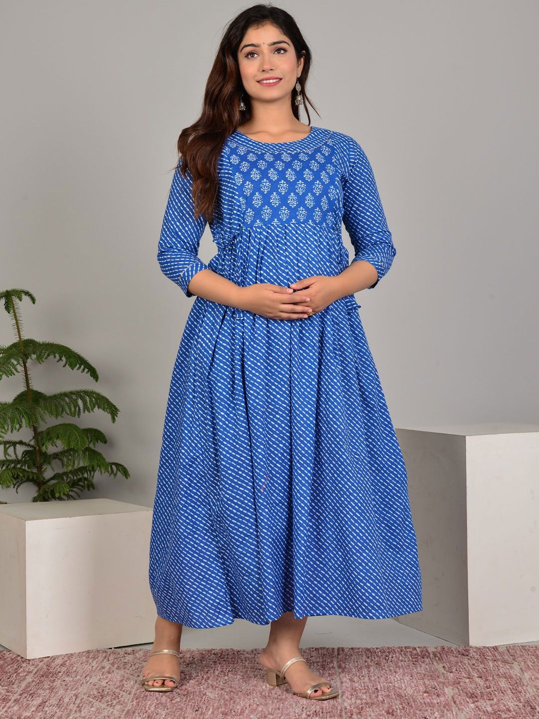 

Tulsiram Printed Pure Cotton Midi Ethnic Dress, Blue