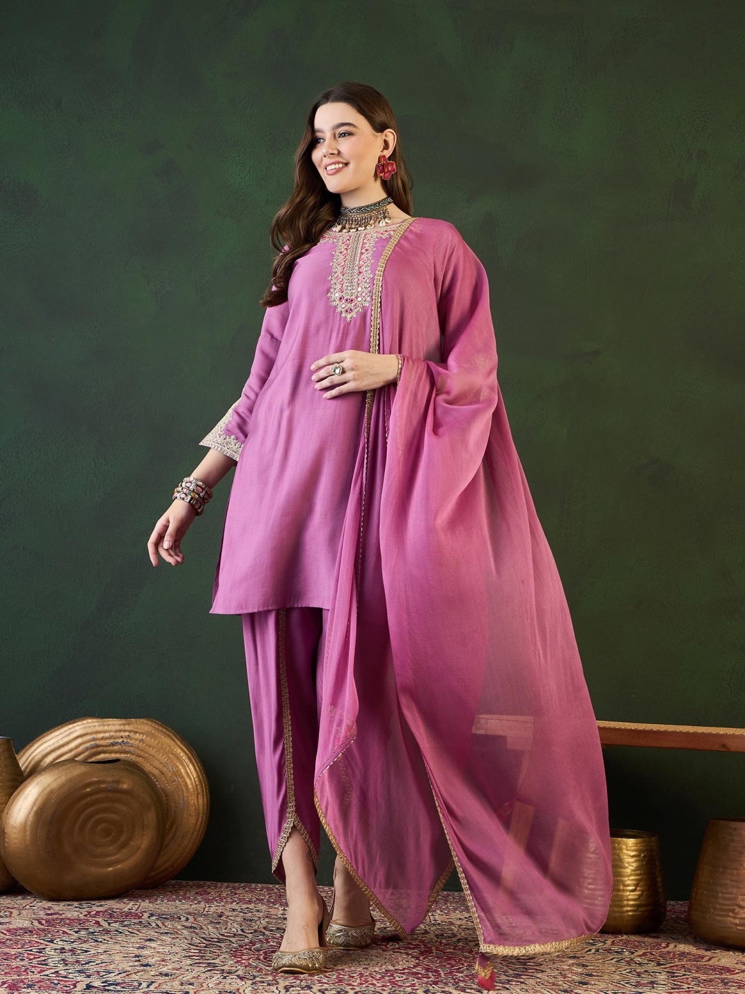 

Sangria Purple Embroidered Mirror Work Round Neck Kurta With Dhoti Pants And Dupatta