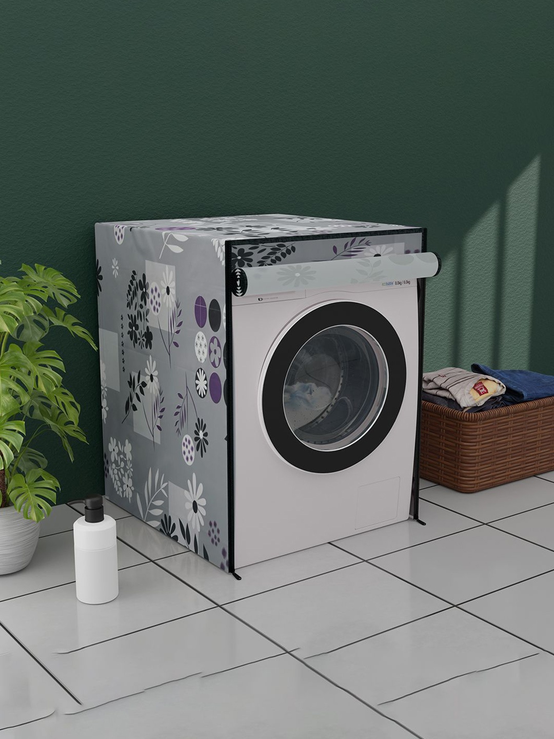 

Kuber Industries Grey & White Printed Dustproof Front Load Washing Machine Cover