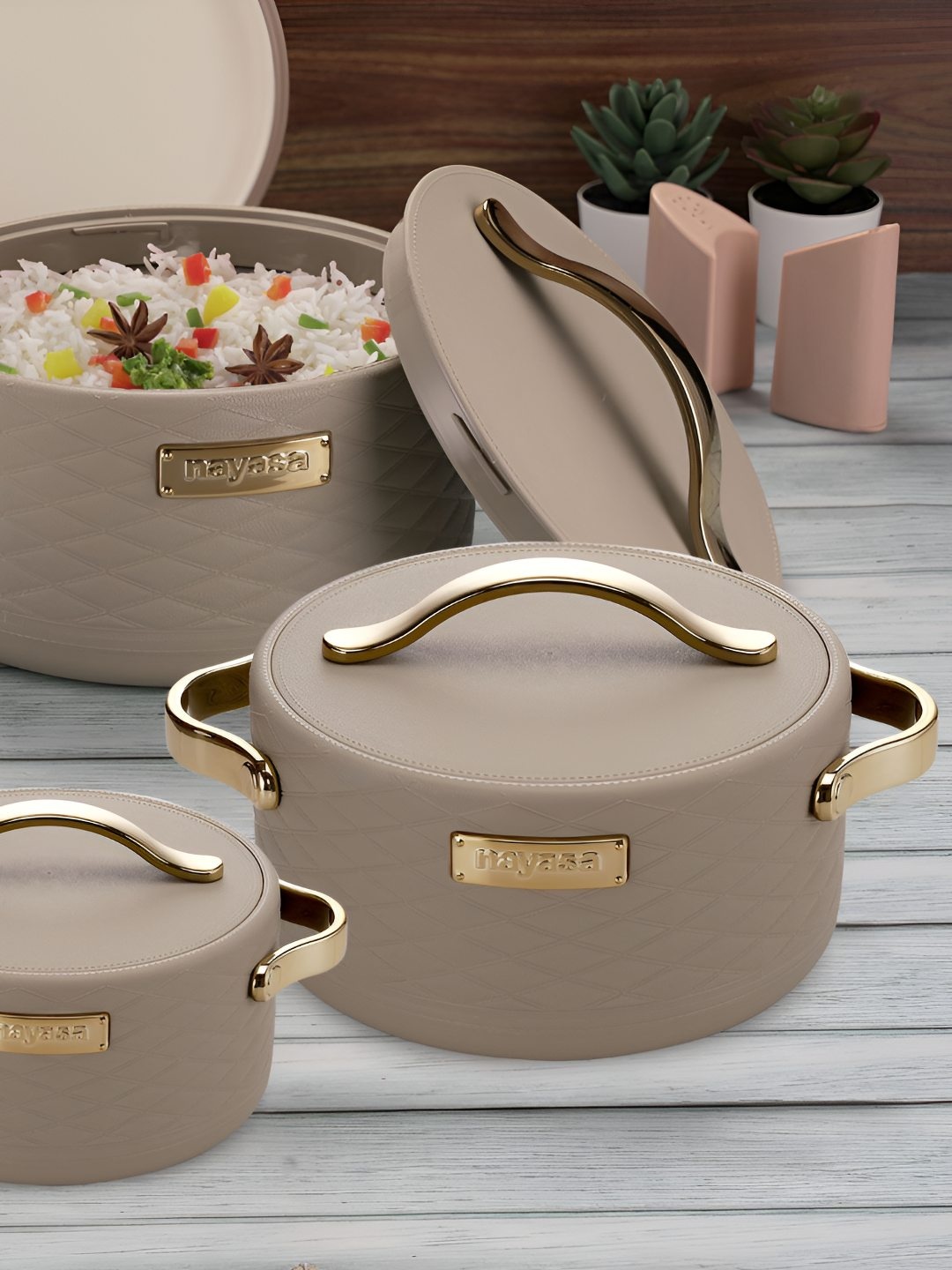 

Nayasa Tyson Set of 3 Light Brown & Gold-Toned Small Casseroles - 500ML + 1000ML + 1500ML