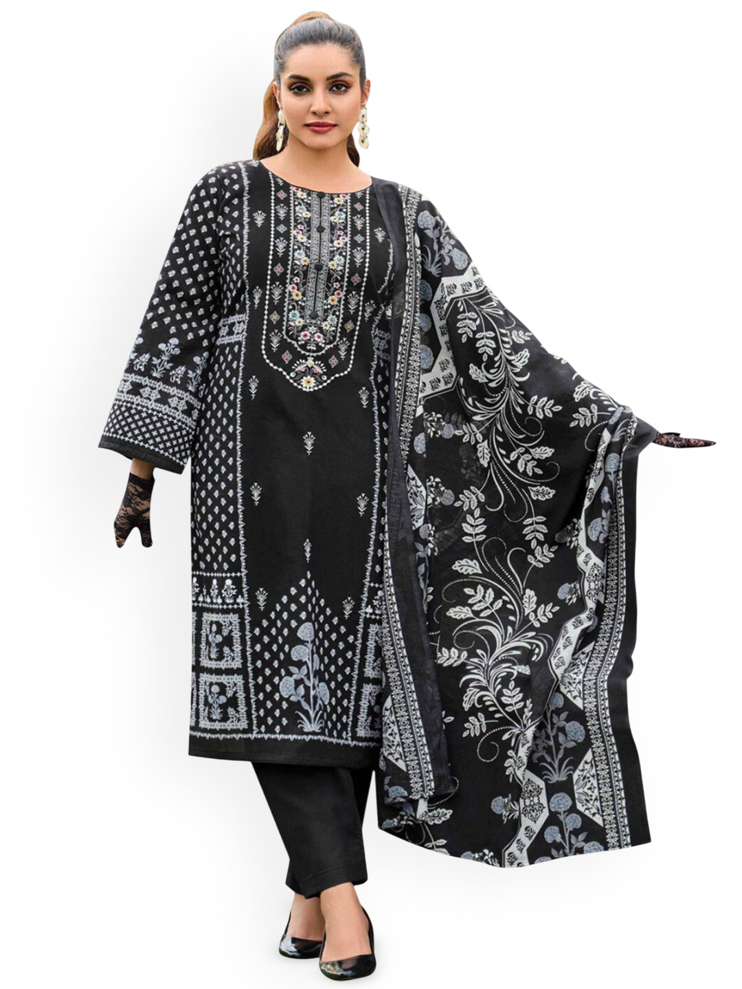 

DRAVINAM Floral Embroidered Pure Cotton Unstitched Dress Material, Black