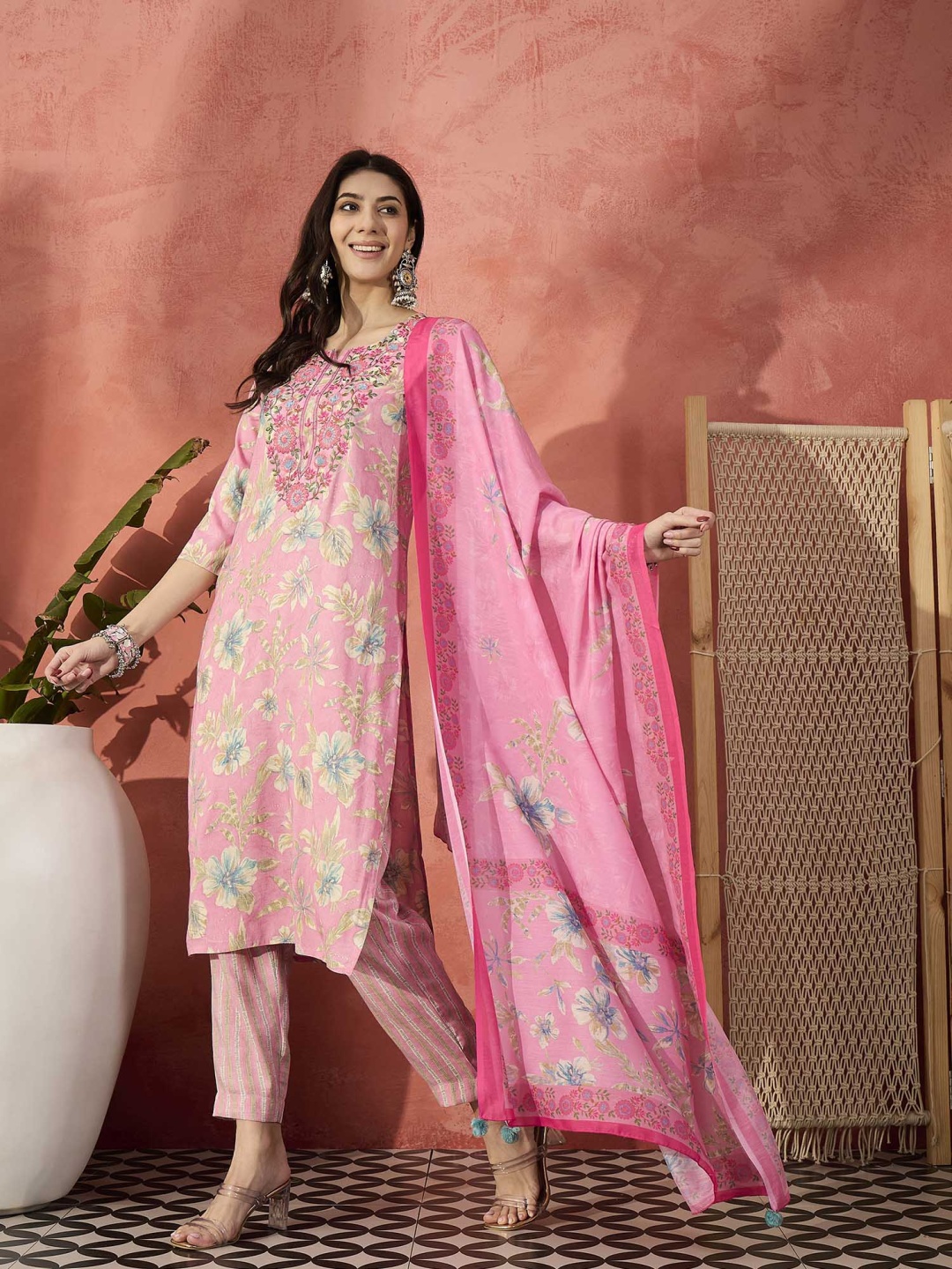 

Ramas Floral Embroidered Kurta with Trouser & Dupatta, Pink