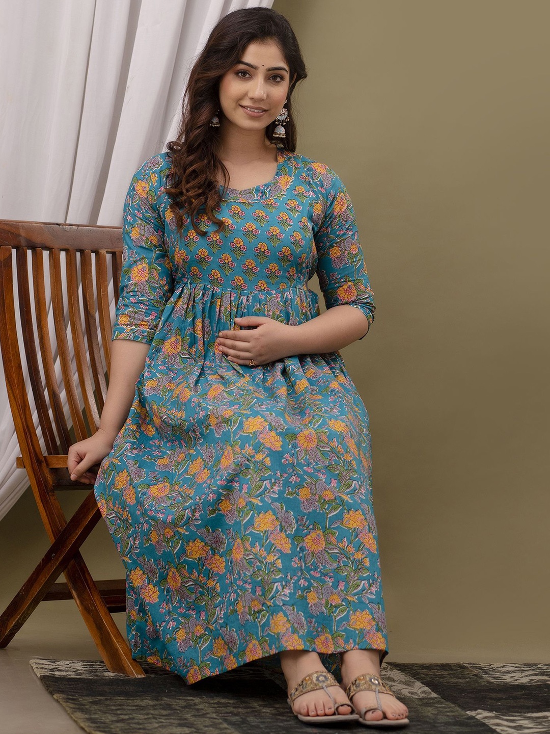 

mad fury Women Floral Printed Maternity Cotton Fit and Flare Midi Dress, Green