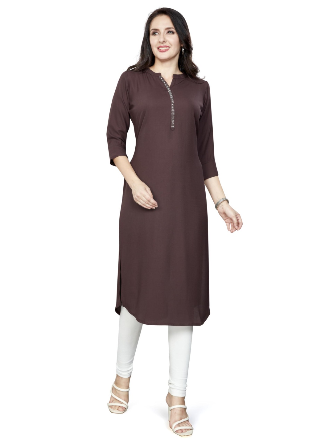 

Nioni Swarovski Mandarin Collar Dobby Straight Kurta, Brown