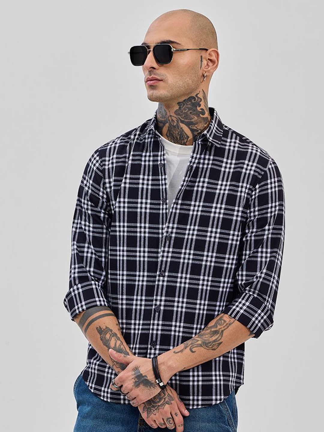 

Snitch Men Slim Fit Opaque Checked Formal Shirt, Black