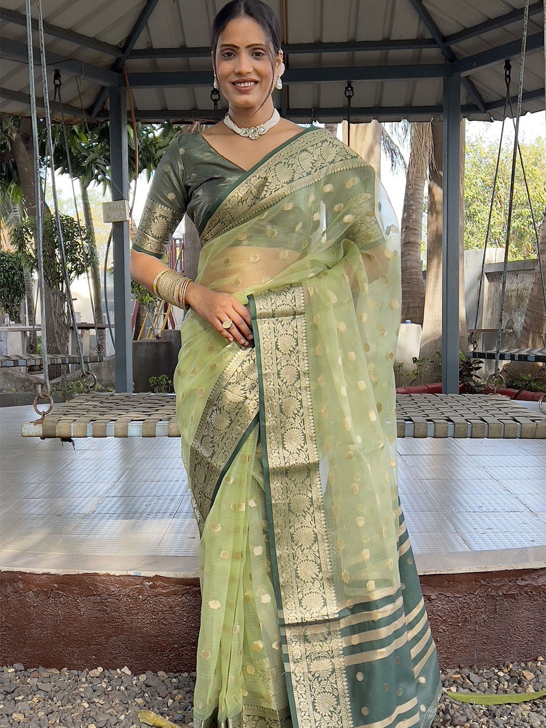 

A TO Z CART Woven Design Zari Organza Ready to Wear Saree, Sea green