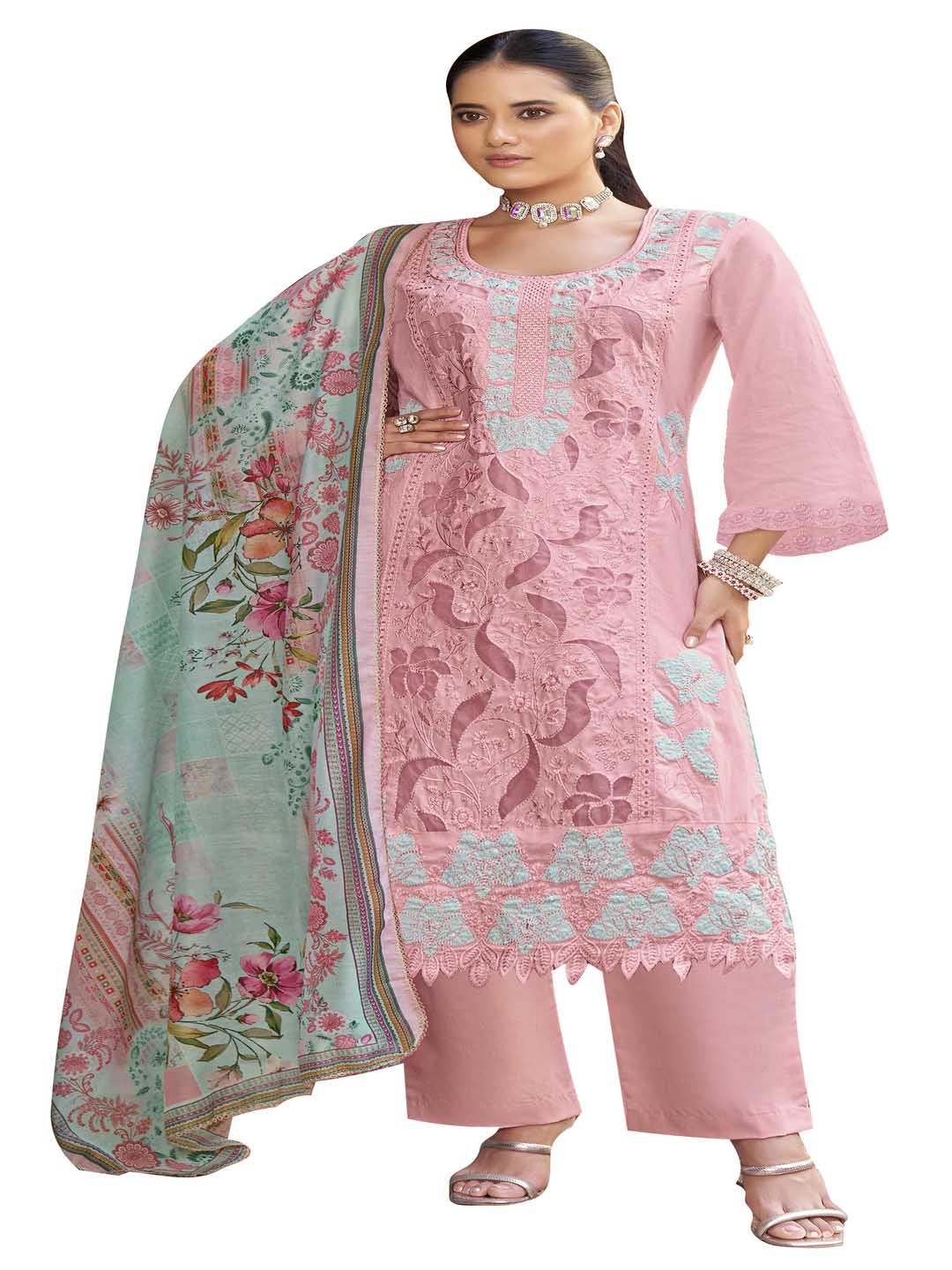 

DRAVINAM Trends Floral Embroidered Pure Cotton Unstitched Dress Material, Pink