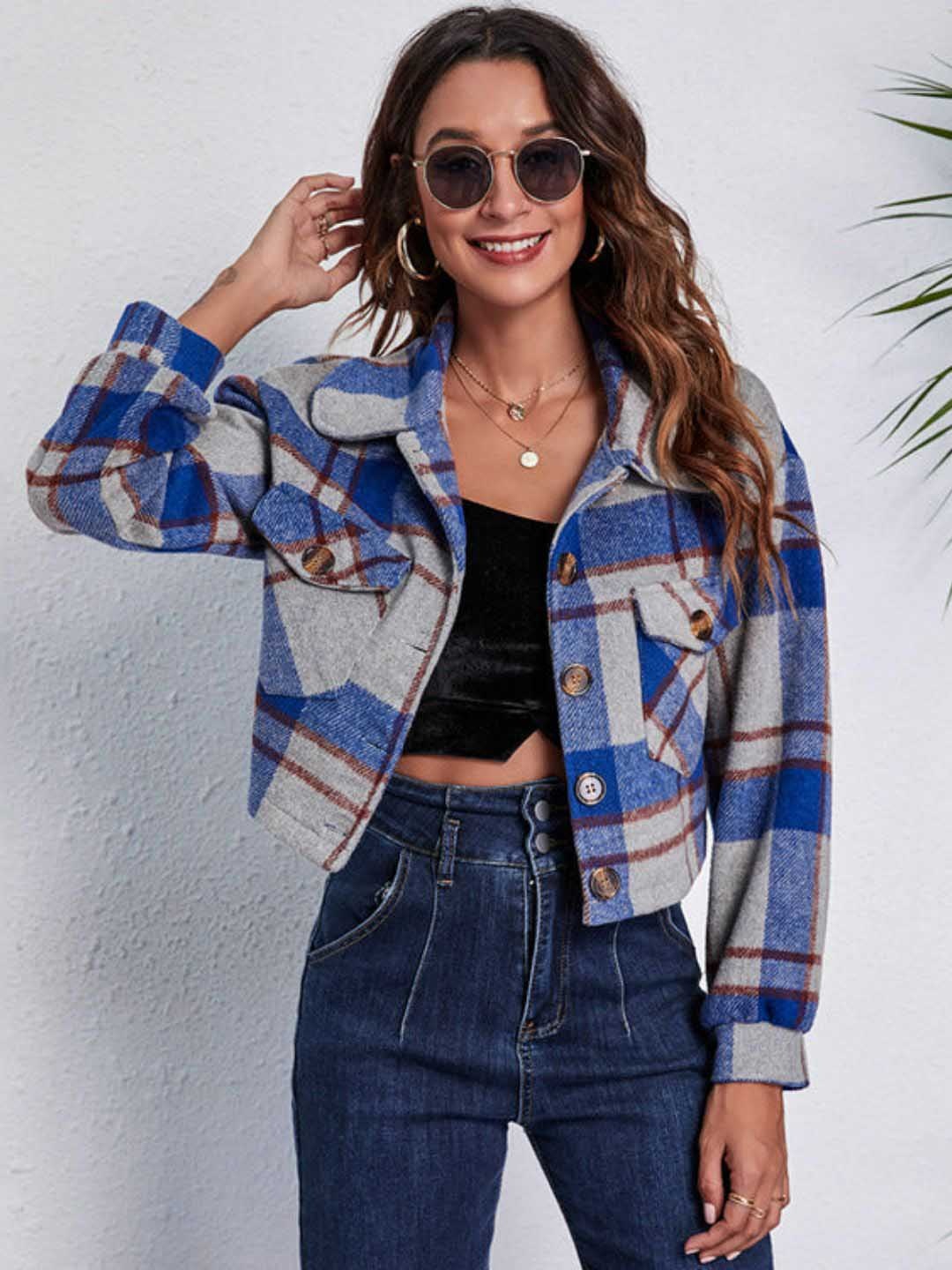 

Oh Rare Women Floral Checked Crop Open Front Jacket with Embroidered, Blue