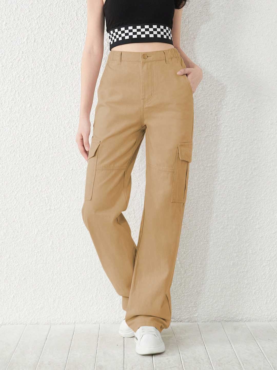 

KATECLO Women High-Rise Regular Fit Pure Cotton Cargo Trousers, Beige